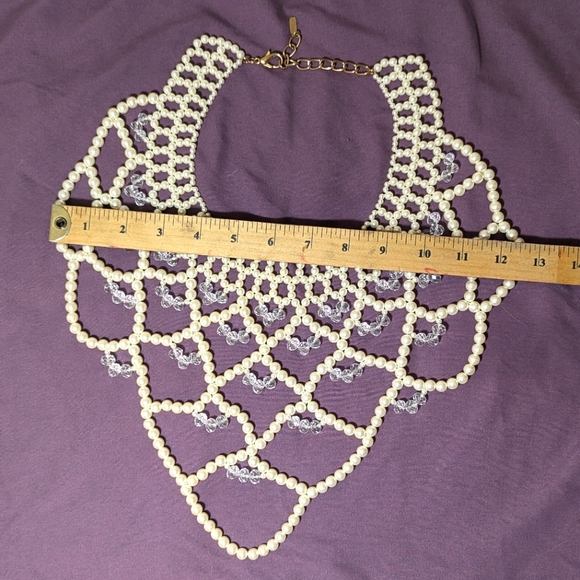 Faux Pearl & Crystal Beaded Weave Bib Necklace - Picture 7 of 8